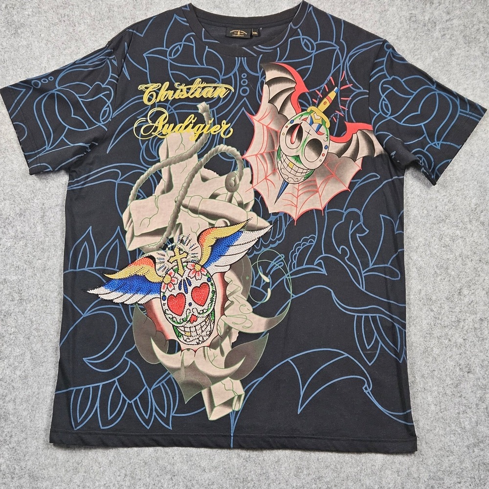 Christian Audigier Mens XXL Black Rhinestone Winged Skull Tattoo T-Shirt Anchor